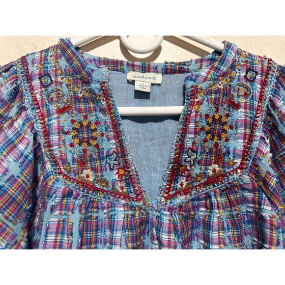Sundance Peasant Embroidered Top Women Small Blue Plaid Puff Sleeves Boho Dainty - Picture 11 of 16